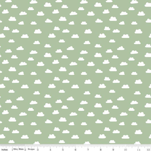 Image of Baby Girl Clouds Green quilting cotton fabric by Lori Whitlock for Riley Blake Designs. Features clouds on a green background. Cute Little Fabric Shop