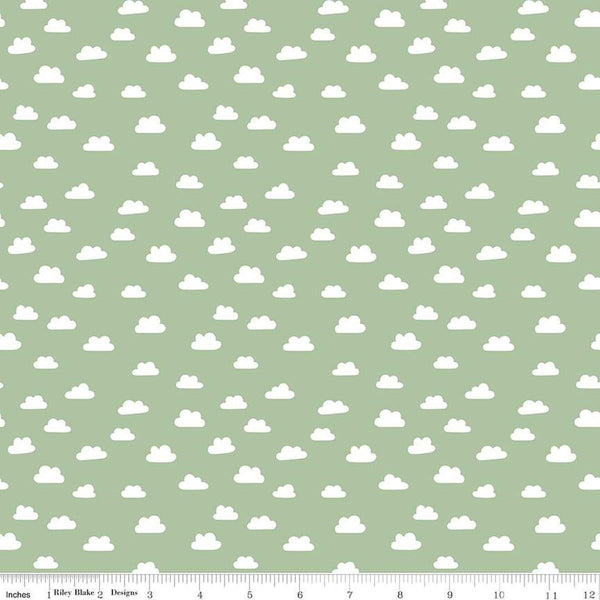 Image of Baby Girl Clouds Green quilting cotton fabric by Lori Whitlock for Riley Blake Designs. Features clouds on a green background. Cute Little Fabric Shop