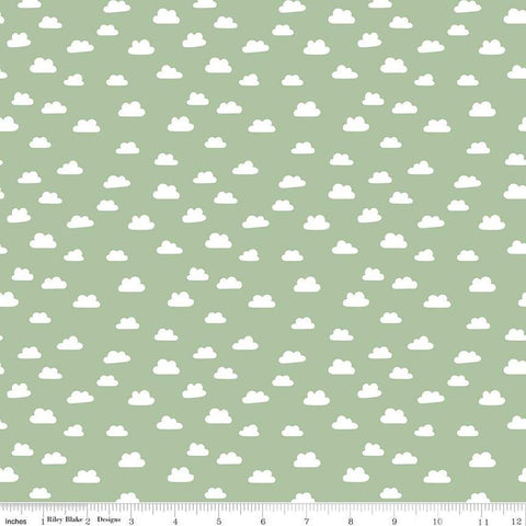 Image of Baby Girl Clouds Green quilting cotton fabric by Lori Whitlock for Riley Blake Designs. Features clouds on a green background. Cute Little Fabric Shop