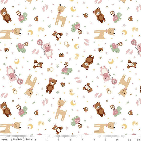 Image of Baby Girl Animals White quilting cotton fabric by Lori Whitlock for Riley Blake Designs. Features animals on a white background. Cute Little Fabric Shop