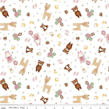 Image of Baby Girl Animals White quilting cotton fabric by Lori Whitlock for Riley Blake Designs. Features animals on a white background. Cute Little Fabric Shop