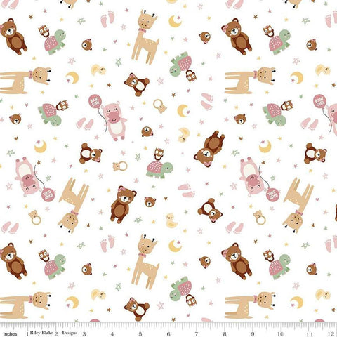 Image of Baby Girl Animals White quilting cotton fabric by Lori Whitlock for Riley Blake Designs. Features animals on a white background. Cute Little Fabric Shop