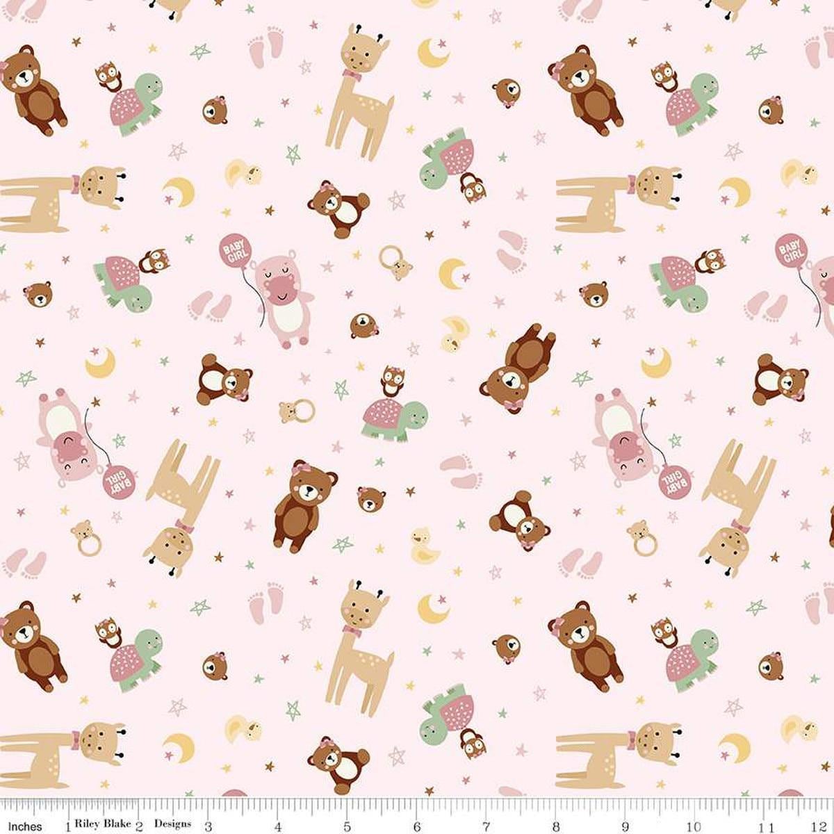 Image of Baby Girl Animals Pink quilting cotton fabric by Lori Whitlock for Riley Blake Designs. Features animals on a pink background. Cute Little Fabric Shop