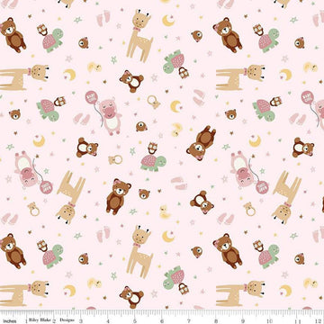 Image of Baby Girl Animals Pink quilting cotton fabric by Lori Whitlock for Riley Blake Designs. Features animals on a pink background. Cute Little Fabric Shop