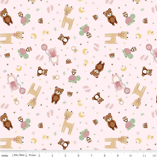 Image of Baby Girl Animals Pink quilting cotton fabric by Lori Whitlock for Riley Blake Designs. Features animals on a pink background. Cute Little Fabric Shop