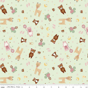 Image of Baby Girl Animals Mint quilting cotton fabric by Lori Whitlock for Riley Blake Designs. Features animals on a green background. Cute Little Fabric Shop