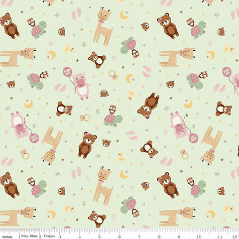 Image of Baby Girl Animals Mint quilting cotton fabric by Lori Whitlock for Riley Blake Designs. Features animals on a green background. Cute Little Fabric Shop