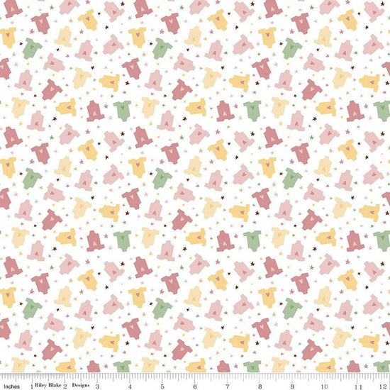 Image of Baby Girl Onesies White quilting cotton fabric by Lori Whitlock for Riley Blake Designs. Features onesies on a white background. Cute Little Fabric Shop