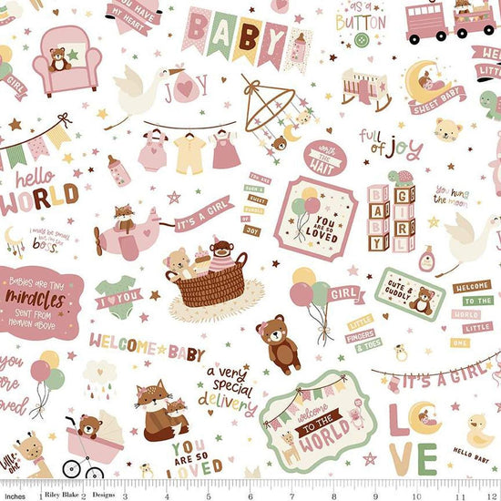 Image of Baby Girl Main White quilting cotton fabric by Lori Whitlock for Riley Blake Designs. Features toys on a white background. Cute Little Fabric Shop