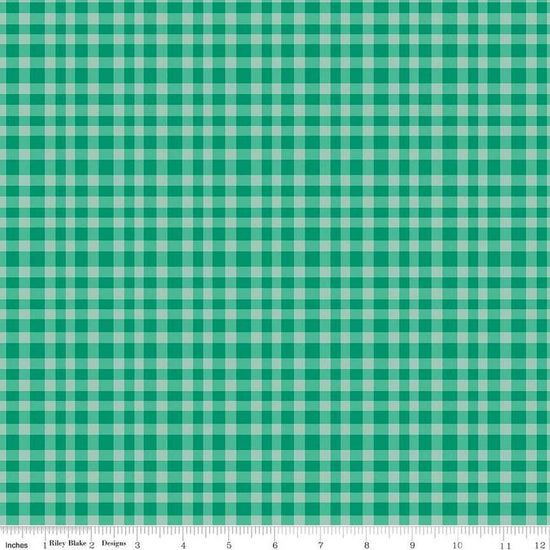Image of Hand Made Gingham Green quilting cotton fabric by Amber Kemp-Gerstel for Riley Blake Designs. Features plaid on a green background. Cute Little Fabric Shop