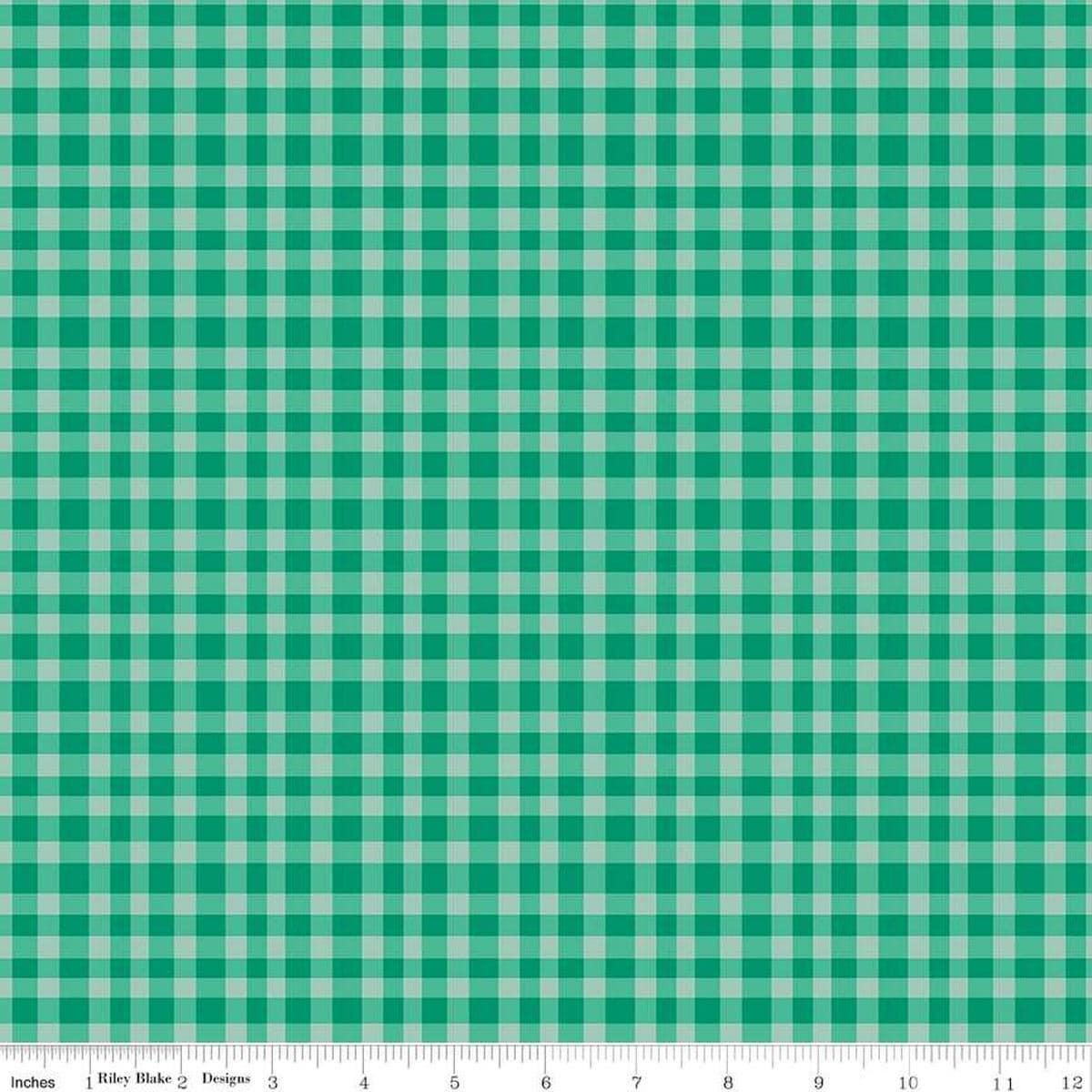 Image of Hand Made Gingham Green quilting cotton fabric by Amber Kemp-Gerstel for Riley Blake Designs. Features plaid on a green background. Cute Little Fabric Shop