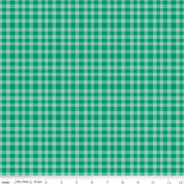 Image of Hand Made Gingham Green quilting cotton fabric by Amber Kemp-Gerstel for Riley Blake Designs. Features plaid on a green background. Cute Little Fabric Shop