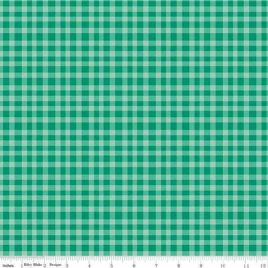 Image of Hand Made Gingham Green quilting cotton fabric by Amber Kemp-Gerstel for Riley Blake Designs. Features plaid on a green background. Cute Little Fabric Shop