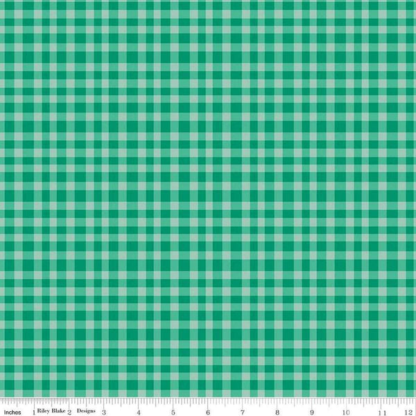 Image of Hand Made Gingham Green quilting cotton fabric by Amber Kemp-Gerstel for Riley Blake Designs. Features plaid on a green background. Cute Little Fabric Shop
