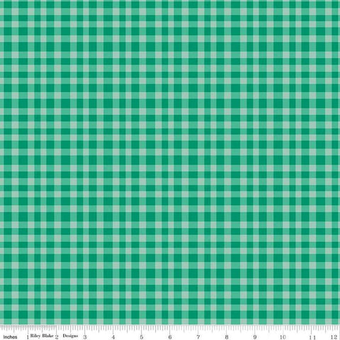 Image of Hand Made Gingham Green quilting cotton fabric by Amber Kemp-Gerstel for Riley Blake Designs. Features plaid on a green background. Cute Little Fabric Shop