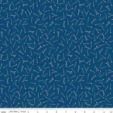 Image of Hand Made Pins Navy quilting cotton fabric by Amber Kemp-Gerstel for Riley Blake Designs. Features pins on a blue background. Cute Little Fabric Shop