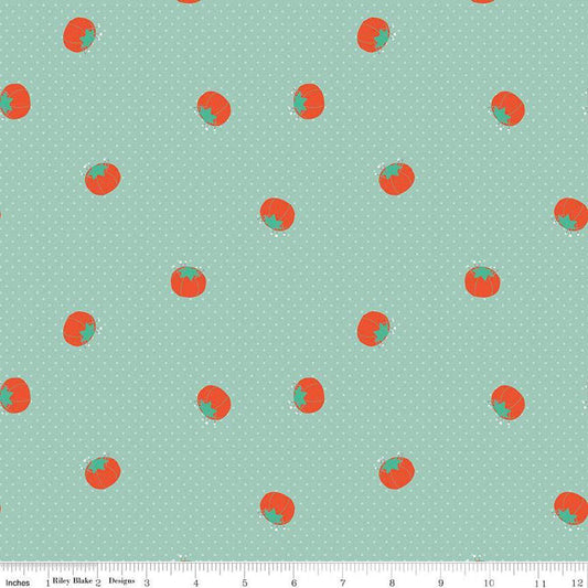 Image of Hand Made Pincushions Mint quilting cotton fabric by Amber Kemp-Gerstel for Riley Blake Designs. Features pincushions on a green background. Cute Little Fabric Shop
