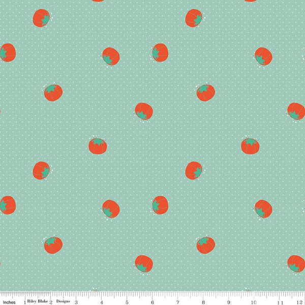 Image of Hand Made Pincushions Mint quilting cotton fabric by Amber Kemp-Gerstel for Riley Blake Designs. Features pincushions on a green background. Cute Little Fabric Shop