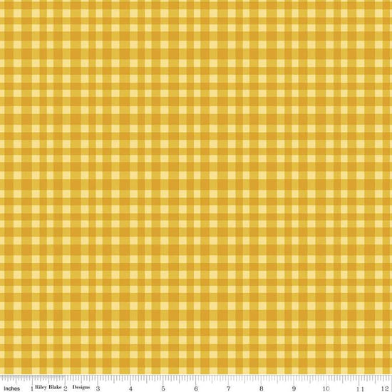Image of Hand Made Gingham Yellow quilting cotton fabric by Amber Kemp-Gerstel for Riley Blake Designs. Features plaid on a yellow background. Cute Little Fabric Shop