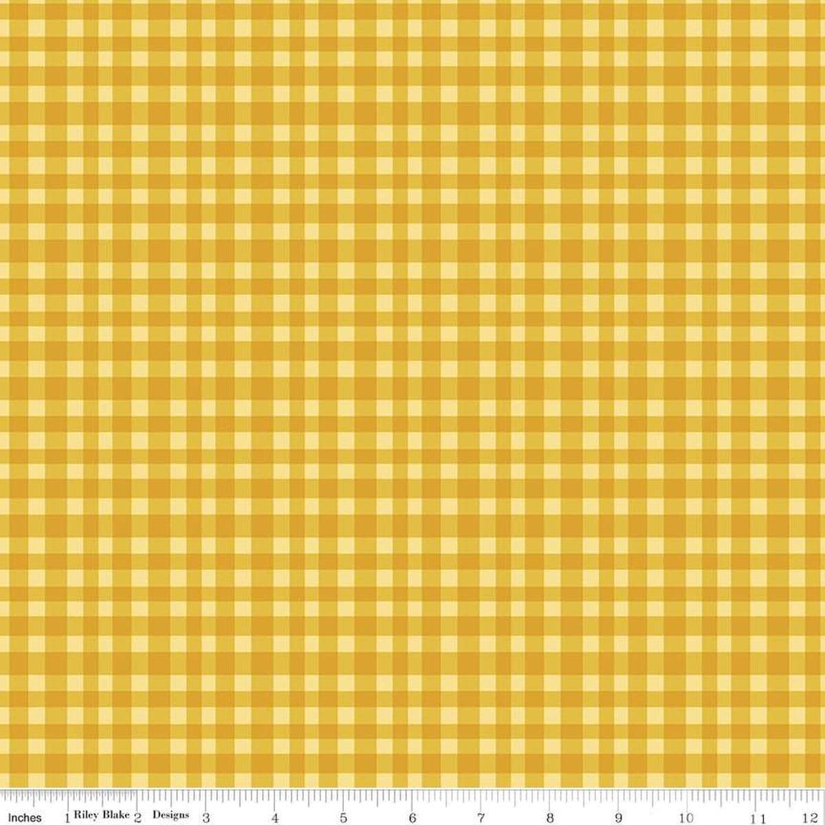 Image of Hand Made Gingham Yellow quilting cotton fabric by Amber Kemp-Gerstel for Riley Blake Designs. Features plaid on a yellow background. Cute Little Fabric Shop
