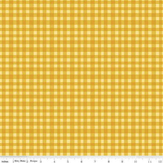 Image of Hand Made Gingham Yellow quilting cotton fabric by Amber Kemp-Gerstel for Riley Blake Designs. Features plaid on a yellow background. Cute Little Fabric Shop