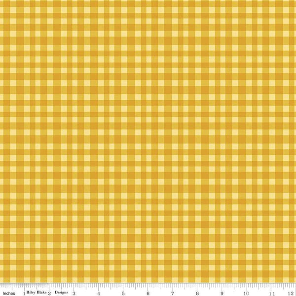 Image of Hand Made Gingham Yellow quilting cotton fabric by Amber Kemp-Gerstel for Riley Blake Designs. Features plaid on a yellow background. Cute Little Fabric Shop