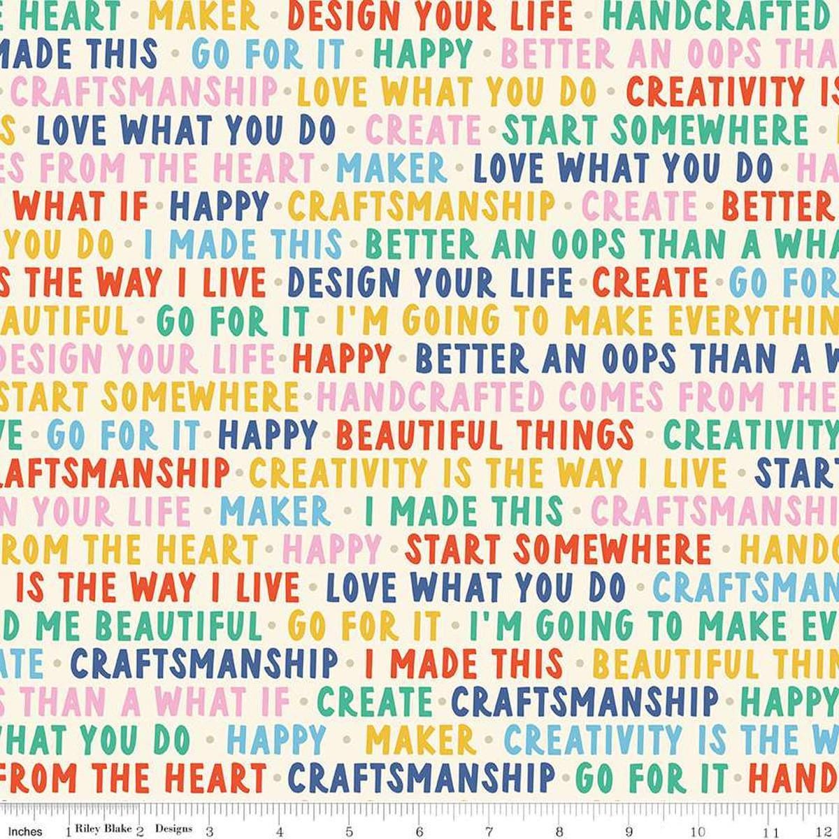 Image of Hand Made Words Multi quilting cotton fabric by Amber Kemp-Gerstel for Riley Blake Designs. Features words on a white background. Cute Little Fabric Shop