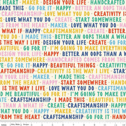 Image of Hand Made Words Multi quilting cotton fabric by Amber Kemp-Gerstel for Riley Blake Designs. Features words on a white background. Cute Little Fabric Shop