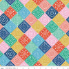 Image of Hand Made Crochet Multi quilting cotton fabric by Amber Kemp-Gerstel for Riley Blake Designs. Features granny squares on a rainbow background. Cute Little Fabric Shop