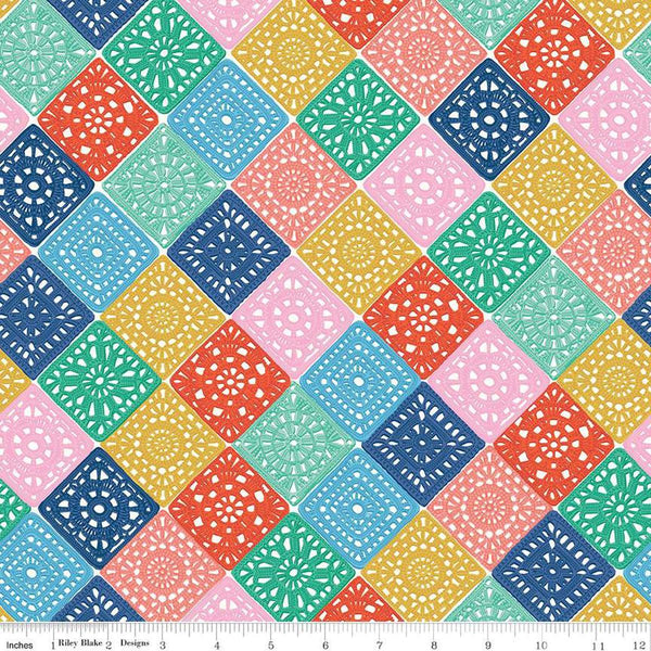 Image of Hand Made Crochet Multi quilting cotton fabric by Amber Kemp-Gerstel for Riley Blake Designs. Features granny squares on a rainbow background. Cute Little Fabric Shop