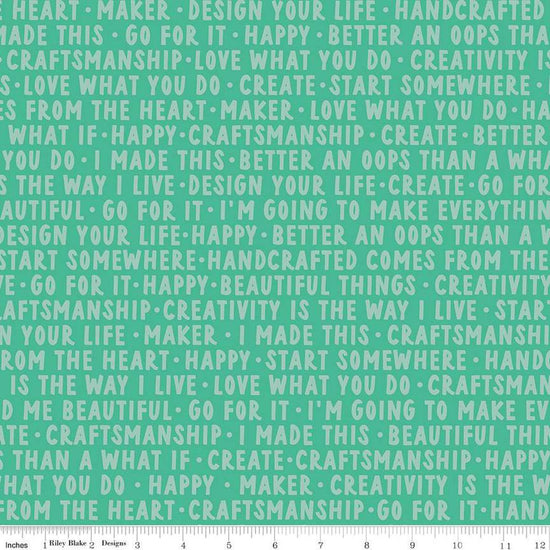 Image of Hand Made Words Alpine quilting cotton fabric by Amber Kemp-Gerstel for Riley Blake Designs. Features words on a green background. Cute Little Fabric Shop