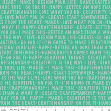 Image of Hand Made Words Alpine quilting cotton fabric by Amber Kemp-Gerstel for Riley Blake Designs. Features words on a green background. Cute Little Fabric Shop