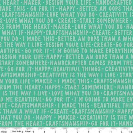 Image of Hand Made Words Alpine quilting cotton fabric by Amber Kemp-Gerstel for Riley Blake Designs. Features words on a green background. Cute Little Fabric Shop