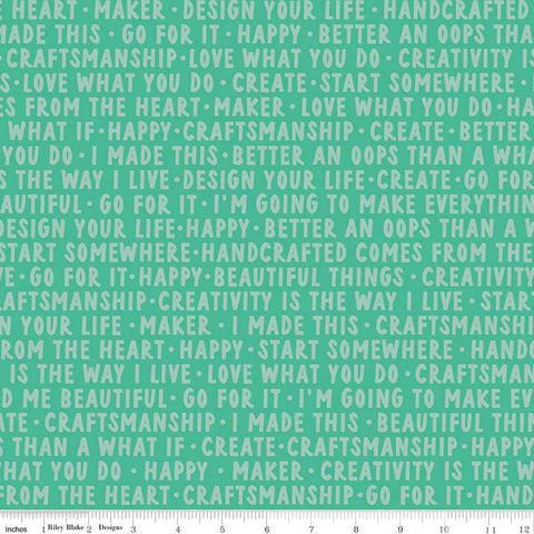 Image of Hand Made Words Alpine quilting cotton fabric by Amber Kemp-Gerstel for Riley Blake Designs. Features words on a green background. Cute Little Fabric Shop