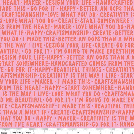Image of Hand Made Words Pink quilting cotton fabric by Amber Kemp-Gerstel for Riley Blake Designs. Features words on a pink background. Cute Little Fabric Shop