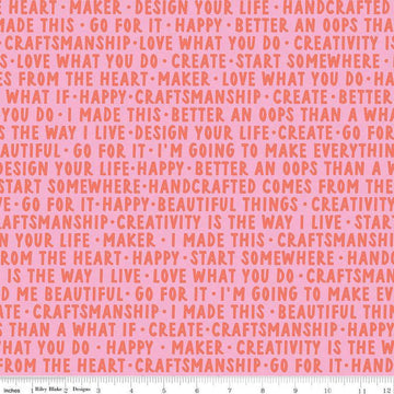Image of Hand Made Words Pink quilting cotton fabric by Amber Kemp-Gerstel for Riley Blake Designs. Features words on a pink background. Cute Little Fabric Shop