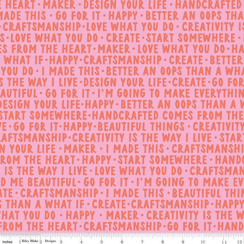 Image of Hand Made Words Pink quilting cotton fabric by Amber Kemp-Gerstel for Riley Blake Designs. Features words on a pink background. Cute Little Fabric Shop