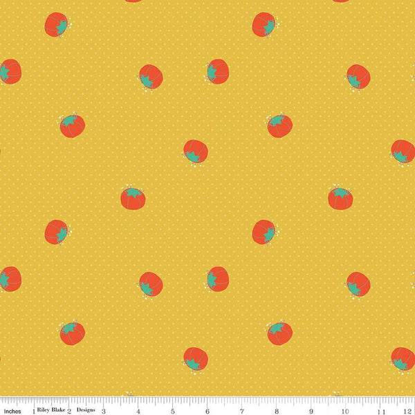 Image of Hand Made Pincushions Yellow quilting cotton fabric by Amber Kemp-Gerstel for Riley Blake Designs. Features pincushions on a yellow background. Cute Little Fabric Shop