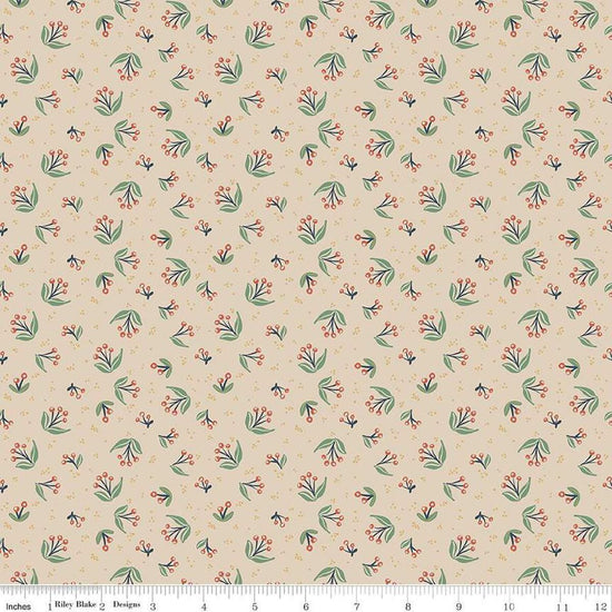 Image of Ivy Reese Berry Branches Latte quilting cotton fabric by Deena Rutter for Riley Blake Designs. Features berries on a tan background. Cute Little Fabric Shop