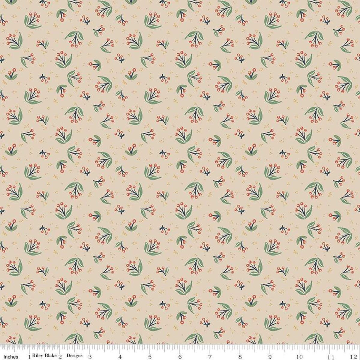 Image of Ivy Reese Berry Branches Latte quilting cotton fabric by Deena Rutter for Riley Blake Designs. Features berries on a tan background. Cute Little Fabric Shop