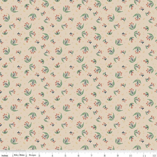 Image of Ivy Reese Berry Branches Latte quilting cotton fabric by Deena Rutter for Riley Blake Designs. Features berries on a tan background. Cute Little Fabric Shop