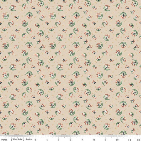 Image of Ivy Reese Berry Branches Latte quilting cotton fabric by Deena Rutter for Riley Blake Designs. Features berries on a tan background. Cute Little Fabric Shop