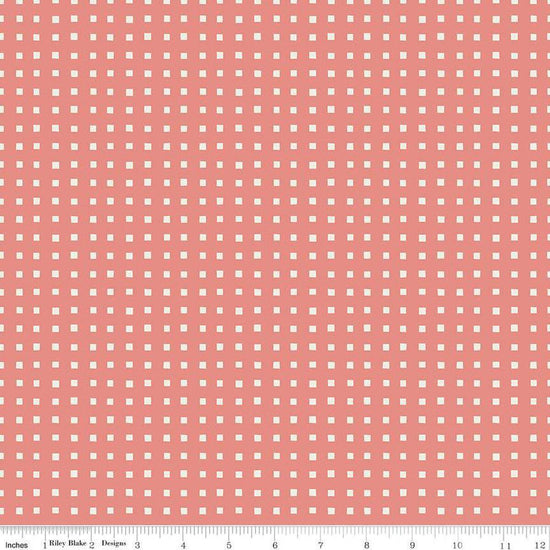Image of Ivy Reese Simple Gingham Coral quilting cotton fabric by Deena Rutter for Riley Blake Designs. Features squares on a pink background. Cute Little Fabric Shop