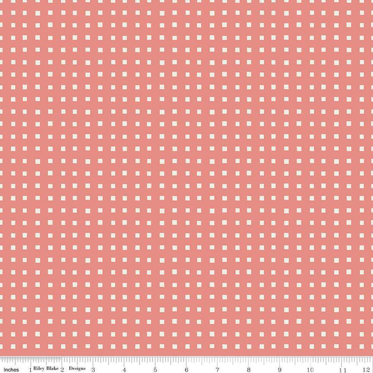 Image of Ivy Reese Simple Gingham Coral quilting cotton fabric by Deena Rutter for Riley Blake Designs. Features squares on a pink background. Cute Little Fabric Shop