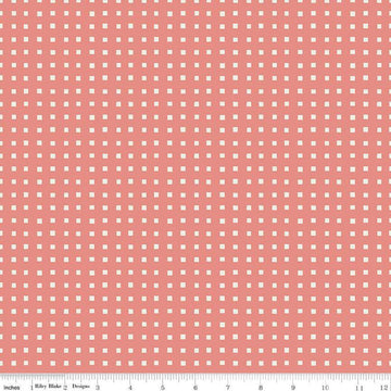 Image of Ivy Reese Simple Gingham Coral quilting cotton fabric by Deena Rutter for Riley Blake Designs. Features squares on a pink background. Cute Little Fabric Shop