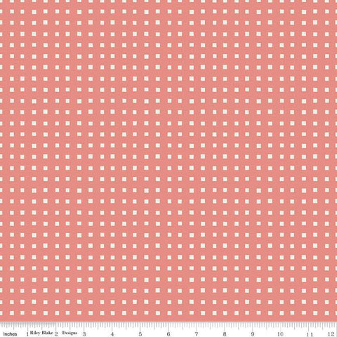 Image of Ivy Reese Simple Gingham Coral quilting cotton fabric by Deena Rutter for Riley Blake Designs. Features squares on a pink background. Cute Little Fabric Shop