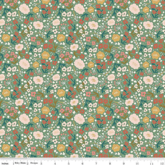 Image of Ivy Reese Flower Green quilting cotton fabric by Deena Rutter for Riley Blake Designs. Features flowers on a green background. Cute Little Fabric Shop