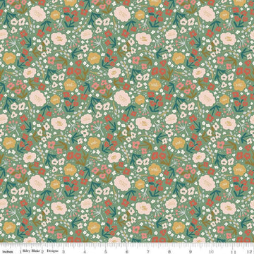 Image of Ivy Reese Flower Green quilting cotton fabric by Deena Rutter for Riley Blake Designs. Features flowers on a green background. Cute Little Fabric Shop