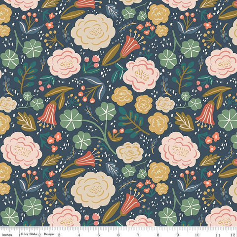 Image of Ivy Reese Main Navy quilting cotton fabric by Deena Rutter for Riley Blake Designs. Features flowers on a blue background. Cute Little Fabric Shop