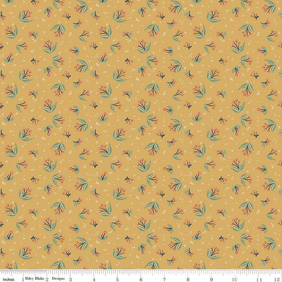 Image of Ivy Reese Berry Branches Golden quilting cotton fabric by Deena Rutter for Riley Blake Designs. Features berries on a yellow background. Cute Little Fabric Shop